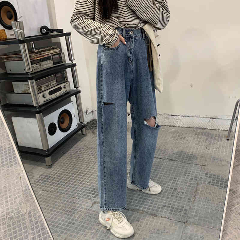 

women's jeans thin high waist ripped women's brim pants personality all game blue female vintage student zipper fashion hole jeans