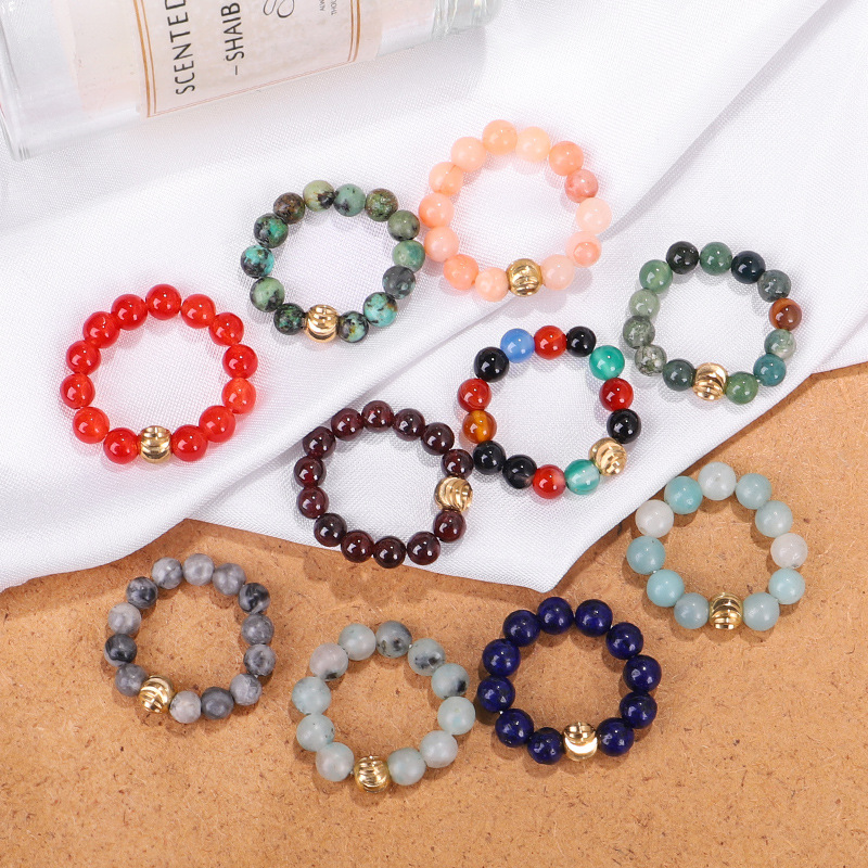 

New Design Gold Copper Beads Colorful 4MM Natural Stone Elastic Ring Jewelry