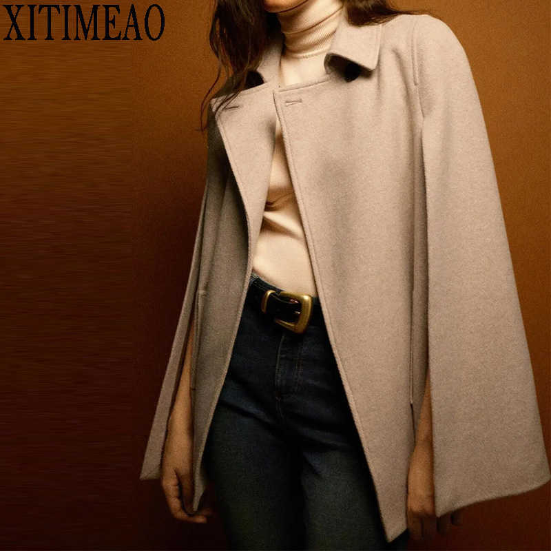 

ZA Solid Single Button Cloak Sleeve Oversized Cape Coat Winter Elegant Workwear Women Outerwear 210604, As picture
