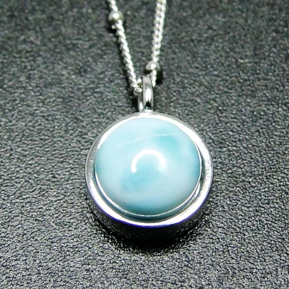 

925 Silver Women Jewelry Natural Larimar Round Pendant Necklace For Engagement / Anniversary / Birthday / Party Gift 210524