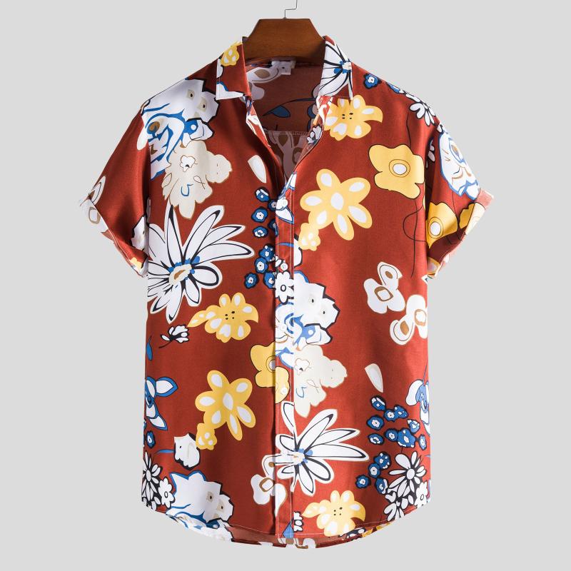 

Men's Casual Shirts Floral Printed Button Turn Down Collar Shirt Camisa Hombre Short Sleeve Blouse Blusas Mujer, Red