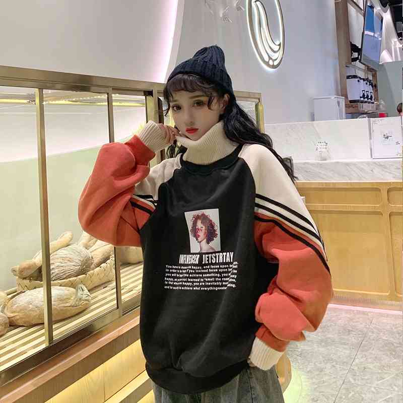 

2020 new autumn and winter Korean version Harajuku style contrast color loose Plush thickened high neck splicing Sweater Jacket Women, Black