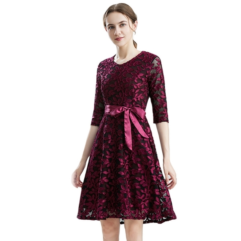 

Top Quality Dress Summer Women Mesh Beautiful Flowers Jacquard Half Sleeve Party 210525, Green