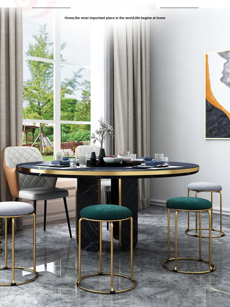 

Light luxury living room furniture wrought iron frame round stool golden simple soft seat dining chair can be stacked for easy storage leisure ottoman