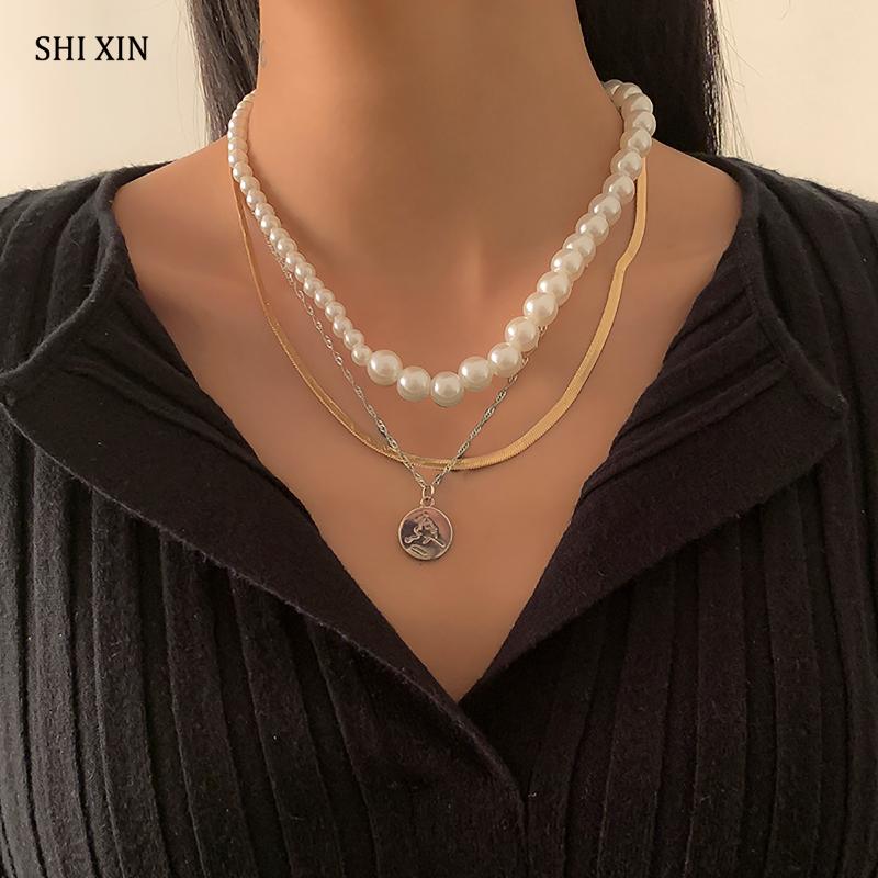 

Pendant Necklaces SHIXIN 3 Pcs/Set Imitation Pearl Beads Choker Necklace For Women Fashion Snake Chain Coin 2021 Jewelry Neck, Silver