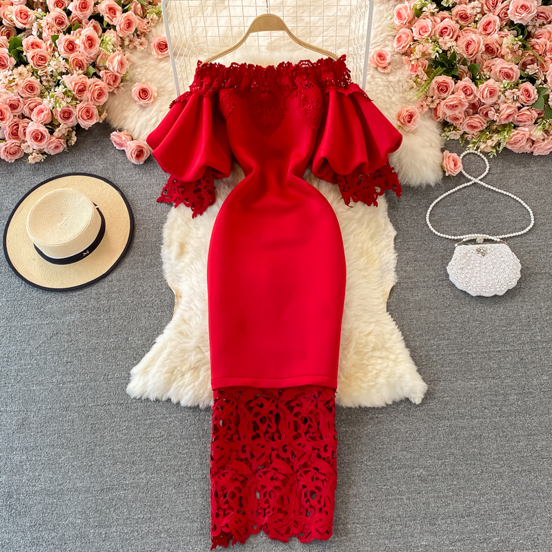 

Sexy Hollow Out Lace Bodycon Long Dress Women Elegant Red/Pink/White Off Shoulder Patchwork Maxi Party Vestidos 2021 Autumn New, Black
