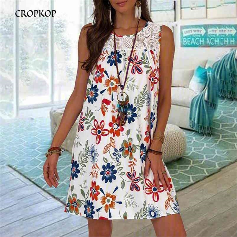 

Summer Women Lace Stitching Floral Tank Dress Vintage Sleeveless Boho Beach Dresses Casual Loose White Plus Size Clothing 210701, Light green
