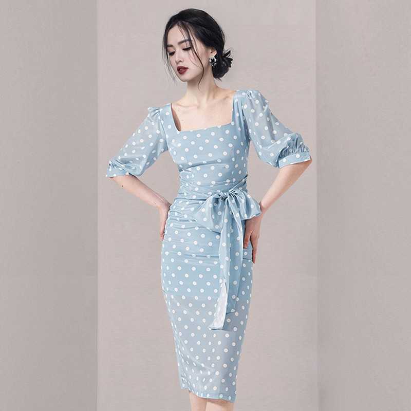 

Temperament Elegant Square Collar Puff Sleeve Ploka Dot Office OL Slim Pencil Dress Bodycon Lace Up Party Vestidos 210526, Photo color