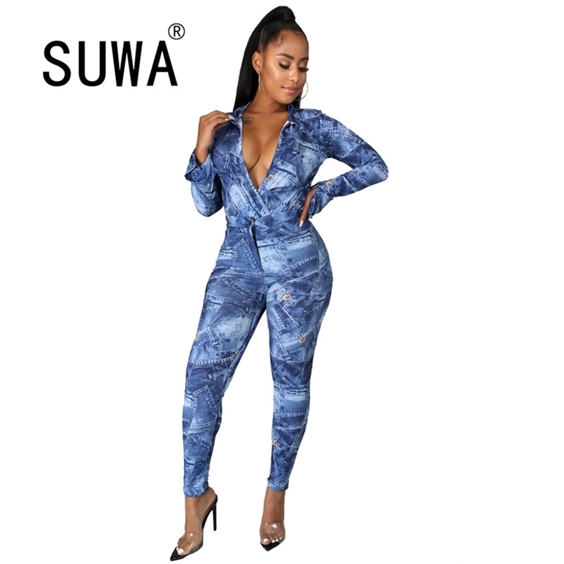 

High Street Fashion Matching Sets For Women 2 Piece Outfits Long Sleeve Bodycon Playsuit Bodysuit And Waisted Pants 210525, Blue