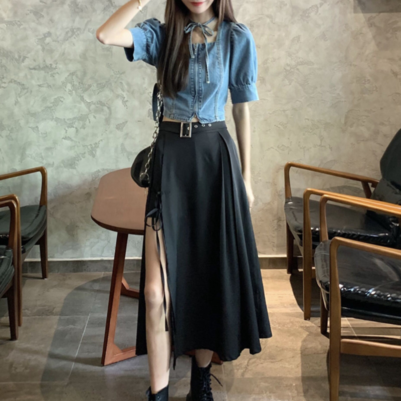 

skirt Korean Casual Summer 2 Sets Womens Outfits Denim Jeans Crop Top & Bandage Long Female Suits Two Piece Set Women QAH6, Black
