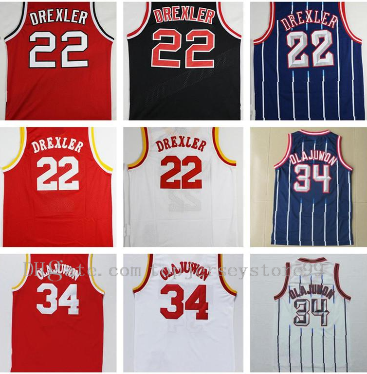 

22 Clyde Drexler Jersey Black Red 34 Hakeem Olajuwon White Blue Stripe 3 Steve Francis Basketball Jerseys Retro Throw back Size S-2XL