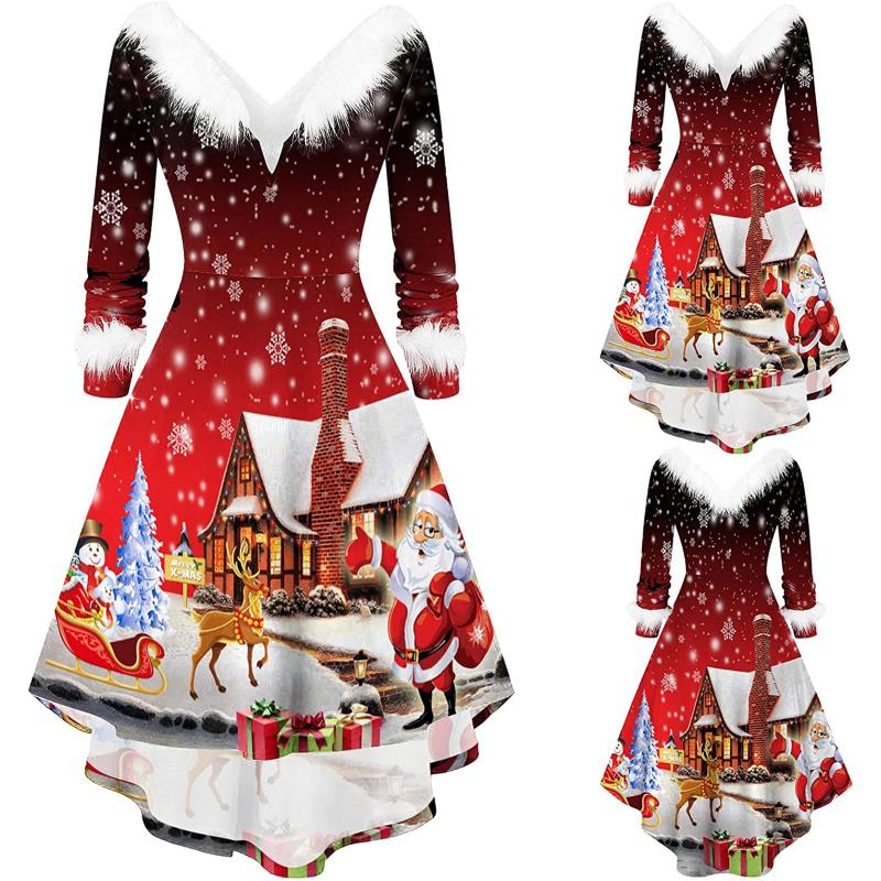 

Casual Dresses Christmas Swing Dress Adult Costume Fancy Xmas Red Clothing Women Evening Party Clothes Winter Dresses#D3