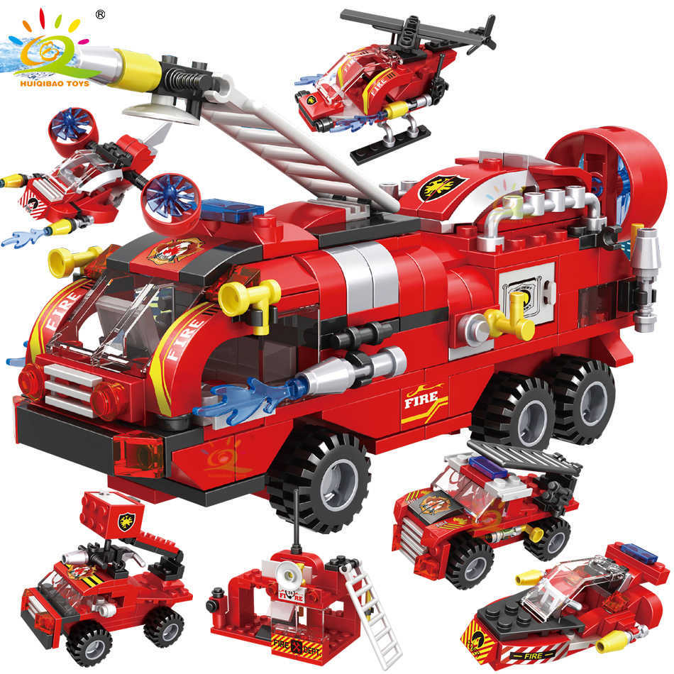 

387pcs 6in1 Fire Fighting Trucks Car Helicopter Boat Building Blocks City Firefighter Firemen Figures Bricks Toys Child