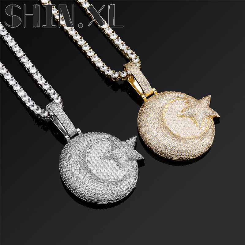 18K Gold Plated Star Moon Pendant Necklace Iced Out Zircon Mens Hip Hop Jewelry Gift