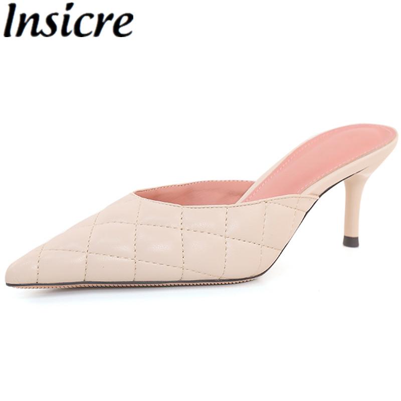 

Dress Shoes Insicre Simple Sexy Pointed Toe Beige Mules High Quality PU Leather Thin Heel Women Sandals Checkered Shallow Party Wedding Shoe