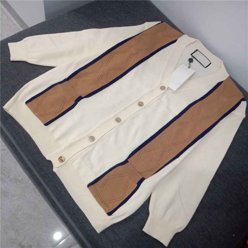 

New Letter Hollow Jacquard Sweaters Cotton Knitted Cardigan Coat Women V Neck Loose Coats With Tags, 1#g