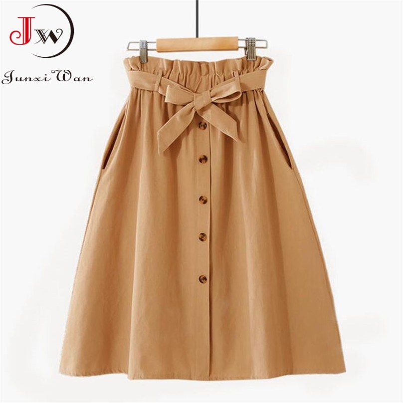 

Women Casual Cotton Skirts Spring Summer Korean Style Solid Elegant High Waist Single-Breasted Bow Lace Up A-Line Midi Skir 210629, Yellow-skirt