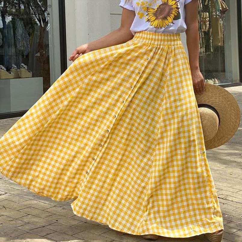 Plus Size Bohemian Summer Plaid Womens Skirt Maxi Long Casual Elastic Waist Bottoms Ladies A Line 5xl-image-710231255