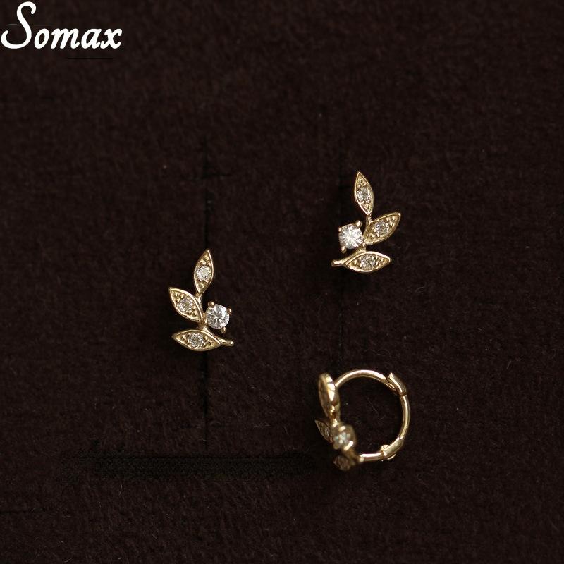 

Hoop & Huggie 925 Sterling Silver French Simple Pavé Crystal 14K Gold Round Earrings Women Romantic Tender Leaves Banquet Jewelry Accessorie
