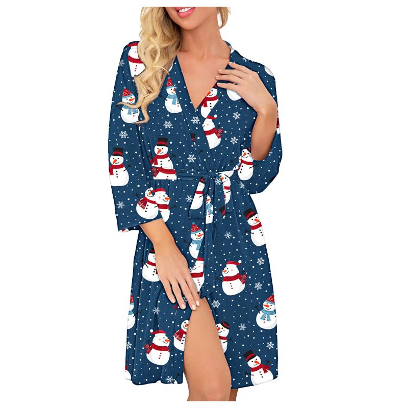 

Women's Sleepwear Christmas Print Nightgown Sexy V-neck Night Dress Long Sleeve Soft Comfy Bathrobe With Belt Woman Nightie, Black;red