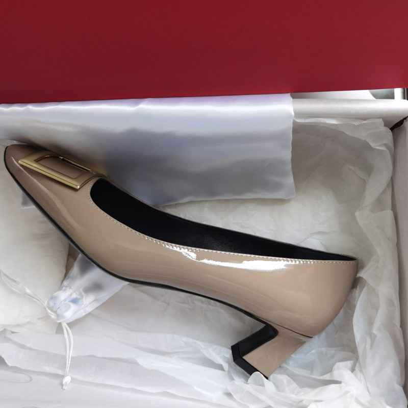 

Top RV single shoes womens thick-heeled cow patent leather square toe buckle wedding commuter office workplace shallow mouth ship factory high-quality supply, Black