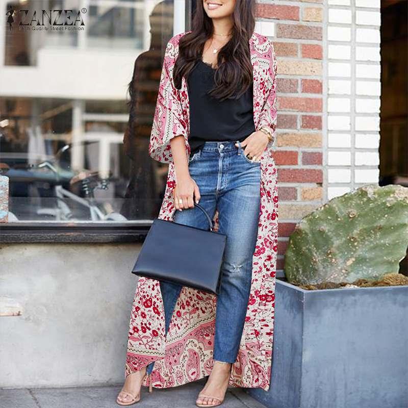 

Women's Blouses & Shirts Fashion Printed Long Tops Cardigan Blouse ZANZEA Sleeve Flroal Blusas Female Casual Kimono Cape Plus Size Tunic 5XL, White