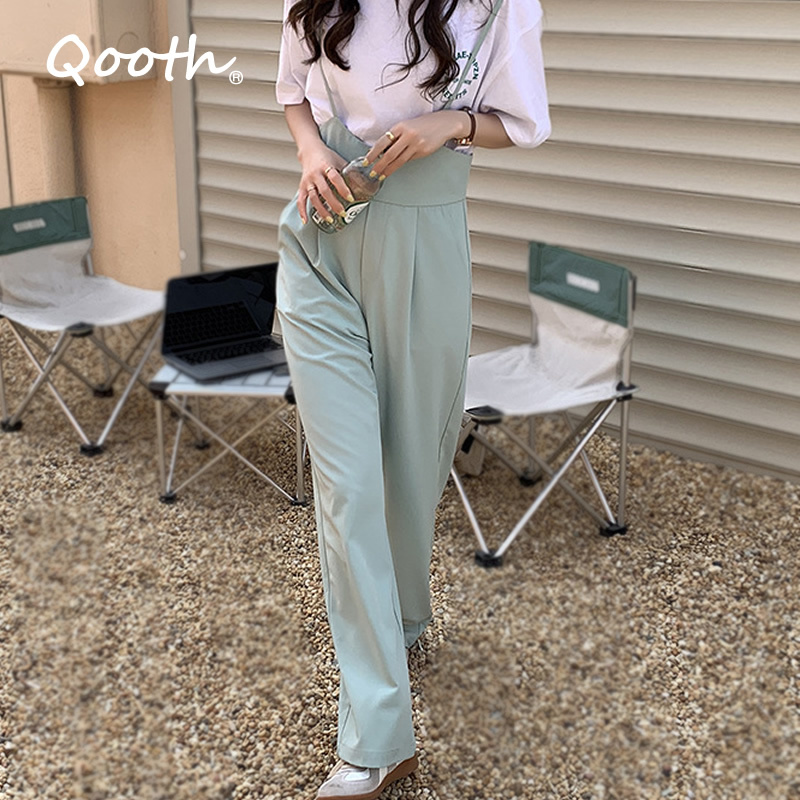 

Qooth Solid Drape Wide Leg Suspender Pants Womens Summer Loose Straight Casual Suspender Pants All Match Fashion Trousers PT652 210518, Black
