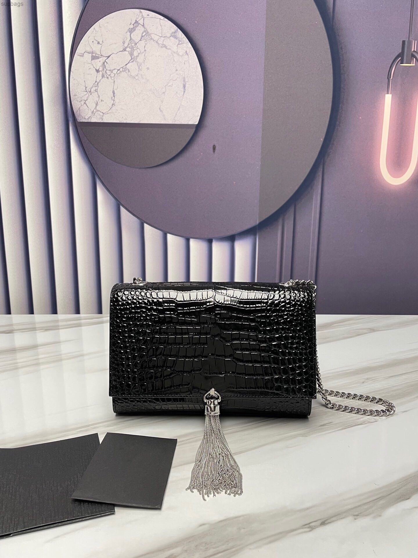 

Top Quality!!! Kate 20CM 24CM Tassels Shoulder Bags WOMEN Small CROCO Genuine Leather Silvery And Golden Chain Cross Body Bag 354119 A-001, Black with silvery hardware