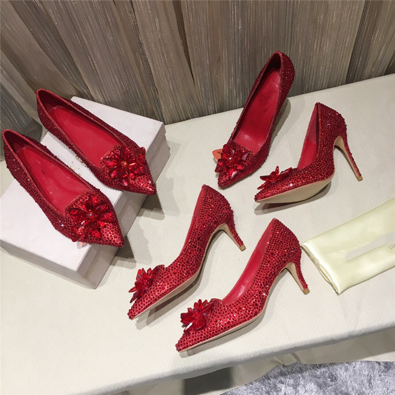 

2021 designer sexy luxury Cinderella crystal shoes bridal dance shiny lady wedding pointed flat 6.5cm 10.5cm red high heels, Grey