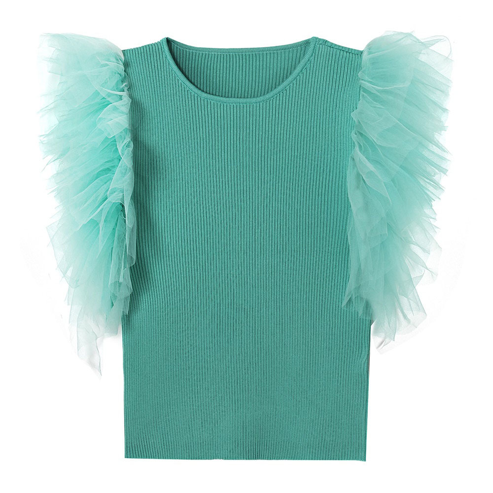 

autumn European and American women style ruffled layered decorative solid color stitching knitted top 210520, As picture