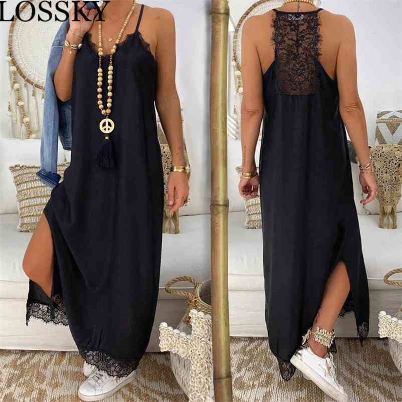 New Lace Patchwork Black Strap Maxi Dress Casual Loose V Neck Sleeveless Sode Split Women's Summer Beach Dresses Long Dress Robe 210331Z