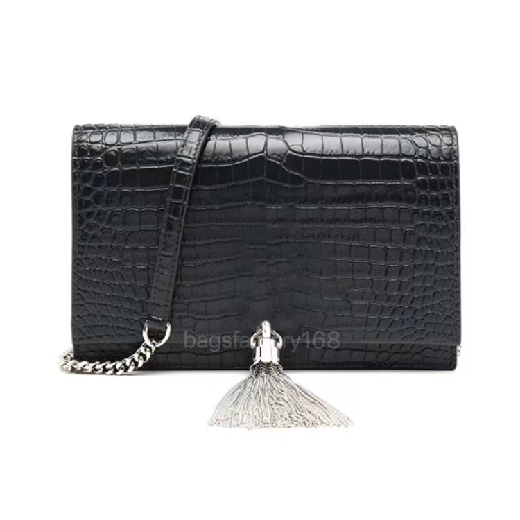 

Top quality customized women's fashion tassel chain bag crocodile pattern cowhide classic letter logo single shoulder bags pure color lady style clamshell package, Customize