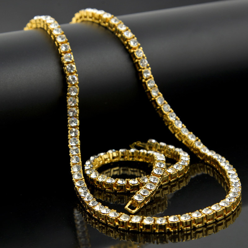 

Hip Hop Gold Silver 1 Row Bling CZ Necklaces Jewelry Rhinestone Cuban Chain Link 30inch Necklaces 8'' Bracelet Sets for Men
