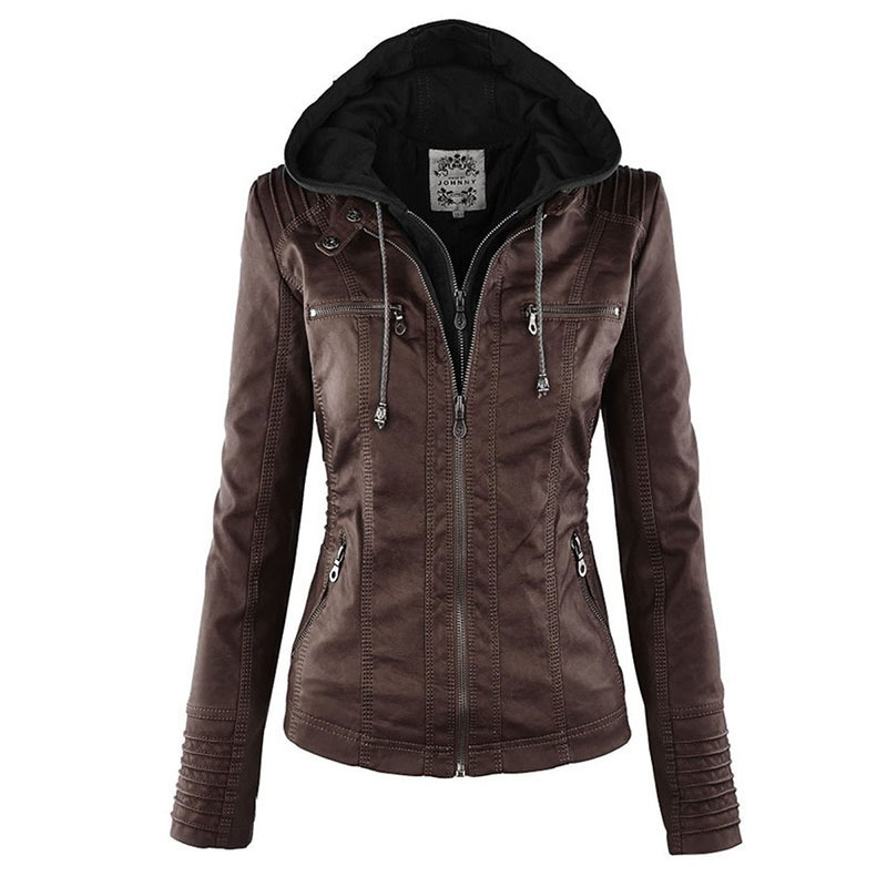 

Faux Leather Jacket Women Basic Coat Female Winter Motorcycle Suede PU Zipper Hoodies Outerwear, White