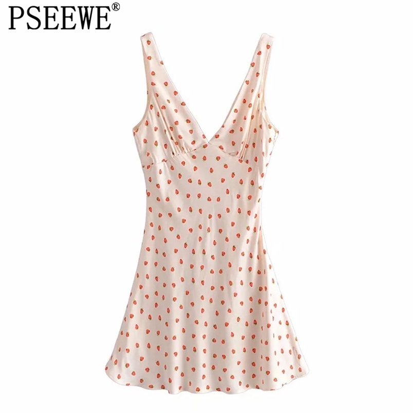 

Dress Women Strawberry Satin Mini Slip Woman Summer Pleated V Neck Strap Short es Beach Sexy es 210519, Print