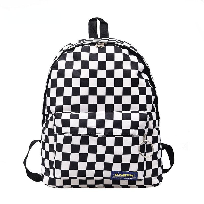 

Backpack 2021 Unisex Plaid Nylon Female Travel Daypack Laptop Book Schoolbags Feminina School Casual Rucksack Women Bag, Black white