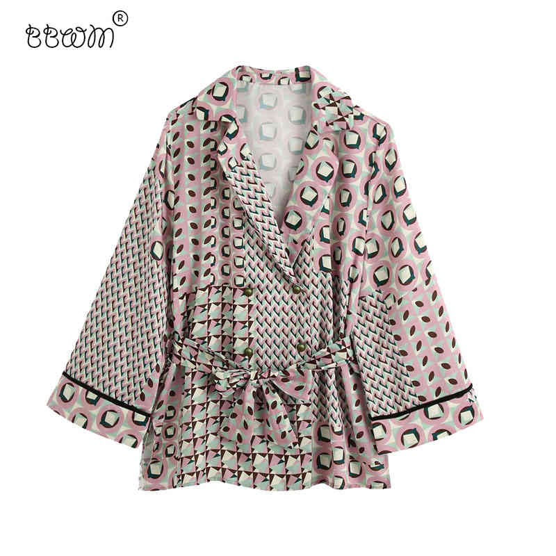 

Women Fashion Chic Bow Sashes Geometric Printed Loose Blouses Vintage Long Sleeve Side Open Shirts Female Chic Tops 210520, As picture