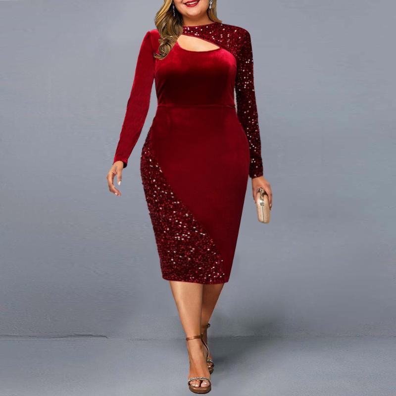 

Plus Size Dresses Party Dress 2021 Women Elegant Sequined Cut Out Christmas Evening Club Fall Winter Long Sleeve Mid Red