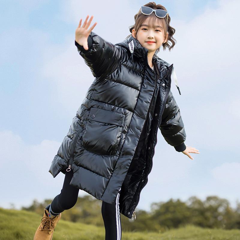

Down Coat Winter Fashion Thick Cotton Jacket Girls 2021 Casual Hooded Outwear Long Bright Teenage Outerwear Children Warm Clothes, Blue;gray