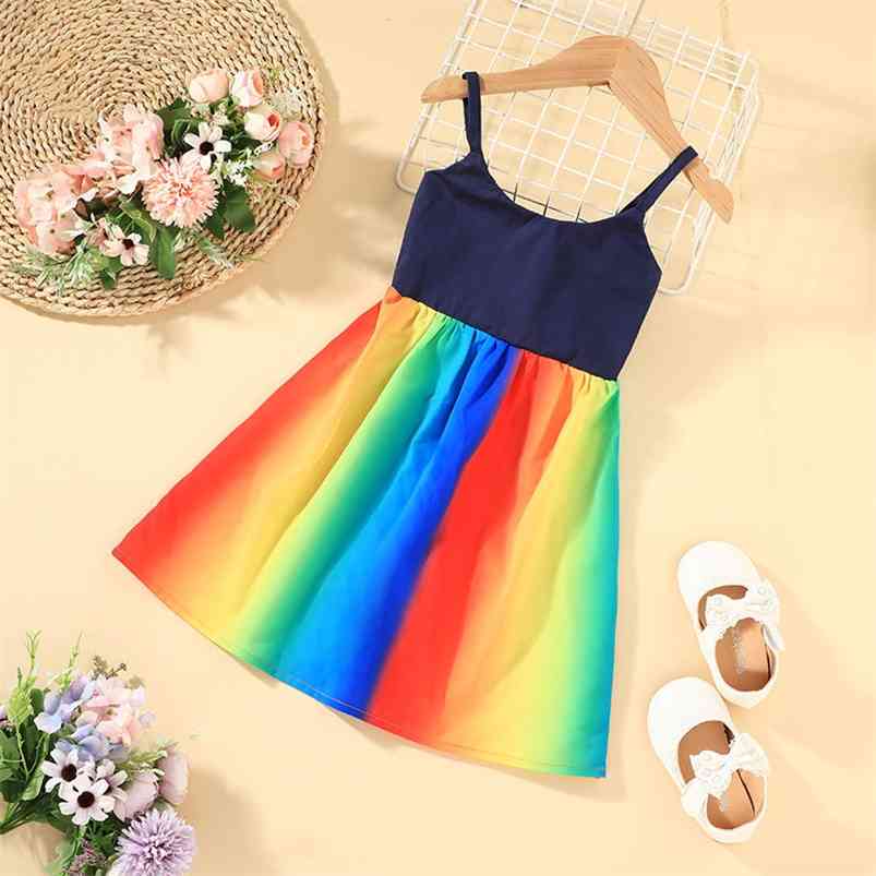 

Summer Style Girls Dress Cute Strap Patchwork Muti Rainbow Girl Vestidos 9M-7T 210629, Multi