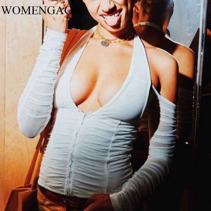 

Autumn Mesh Long Sleeve Hanging Neck Off-shoulder Cardigan Off-back Slim Short T-shirt For Women Sexy Tops DKUI 210603, Black