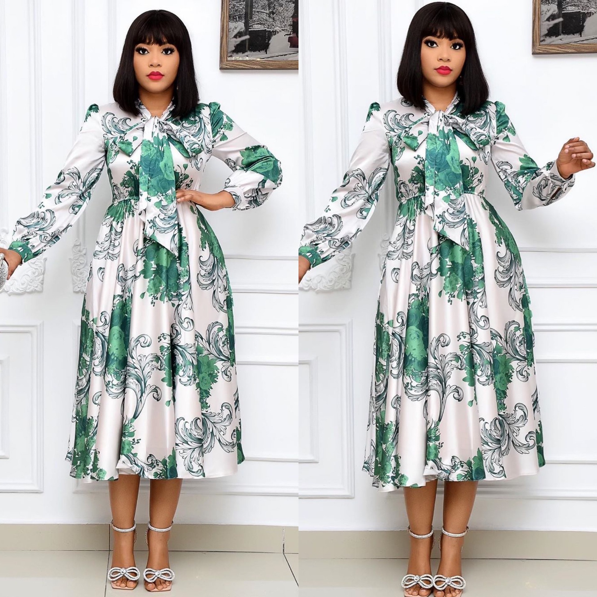 

2021women long sleeves printed dresses with bowtie collar pleated high waist midi elegant ladies fashion african new vestidos robes, Black;gray