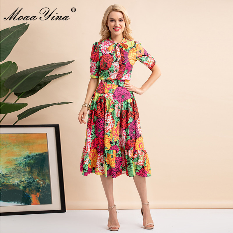 

Fashion Designer Summer High waist Midi Skirt Sets Women's Short sleeve Floral print Shirts and Skirts Two Pieces Suit 210524, Mixed color