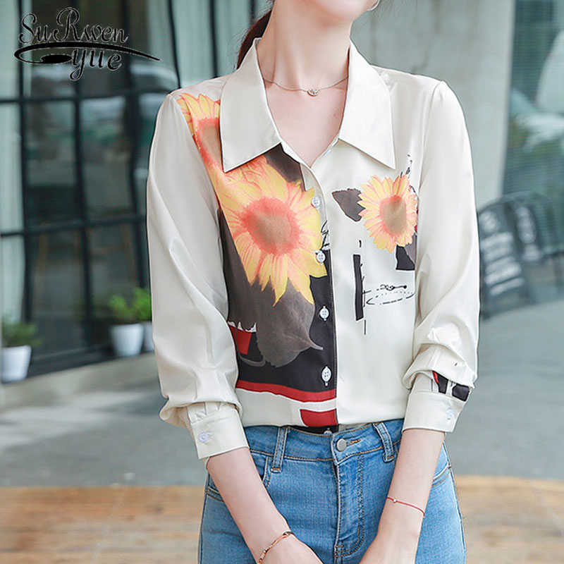 

Print Chiffon Blouse Women Vintage Woman Shirt Autumn Cotton and Linen Sunflower Oil Painting Thin Office Lady Tops 10647 210527, Picture