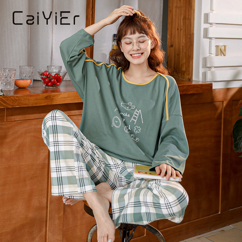 

2021CAIYIER Autumn Winter Cotton Cartoon Pajamas Set Cotton Long Sleeve Top + Long Pant Woman Sleepwear Cute Leisure HomeWear Female, Black;red