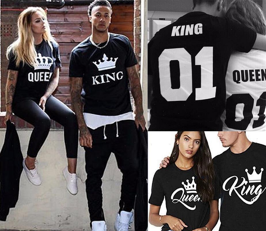 

king queen women letter crown printed black white t shirts summer casual o neck short sleeve tees couple lovers