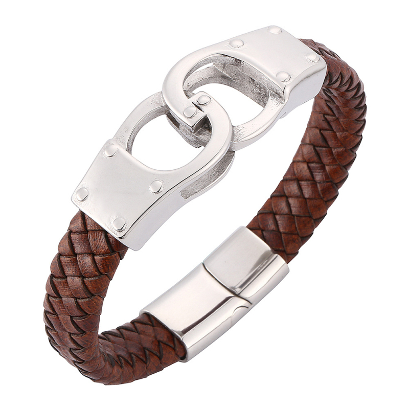 

New Trendy Stainless Steel Cuff Charm Bracelet Magnetic Buckle Black Brown Genuine Leather Bracelets