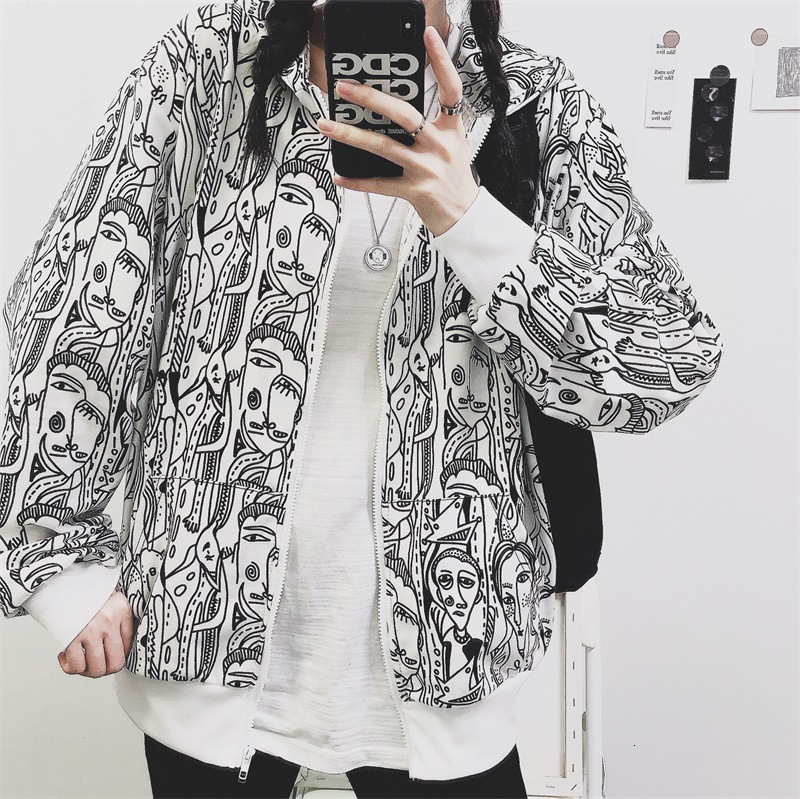 

Women's Hoodies & Sweatshirts European and American Hooded Sweater Korean Style Graffiti Tops Student Jacket Trend WSM A90# V8MP, White