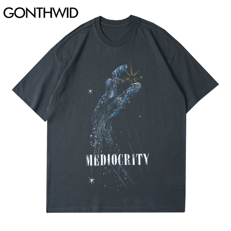 

T-Shirts Hip Hop Creative Galaxy Hand Print Tshirt Streetwear Cotton Casual Hipster Loose Summer Short Sleeve Tees Tops 210602, Gray
