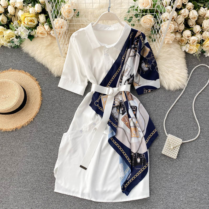 

Ladies Spring Summer Irregular Satin Print Stitching Dress Polo Neck Short Sleeve Belt Temperament Sexy 210520, Black